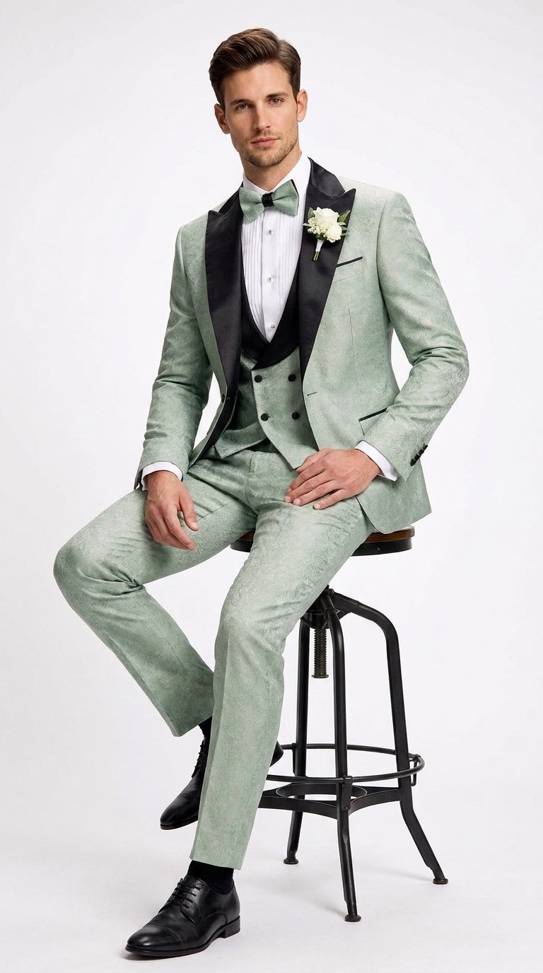 Men’s Sage Green Wedding Tuxedo with Black Shawl Lapel – 3 Piece Groom Prom Suit Mintish Color - 34 Short or Extra Small