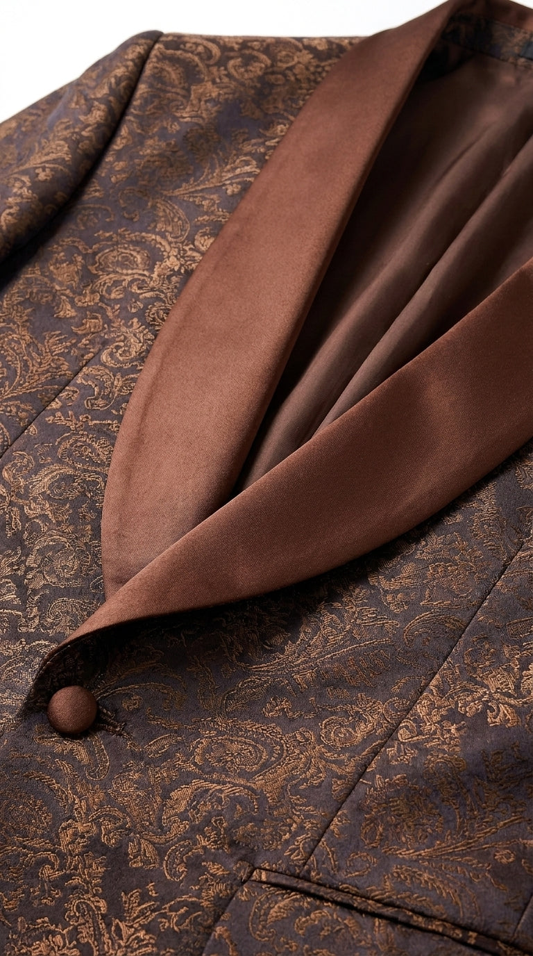 Men’s Light Brown Paisley Tuxedo Jacket, Wedding Prom Dinner Blazer with Satin Shawl Lapel - 36 Short