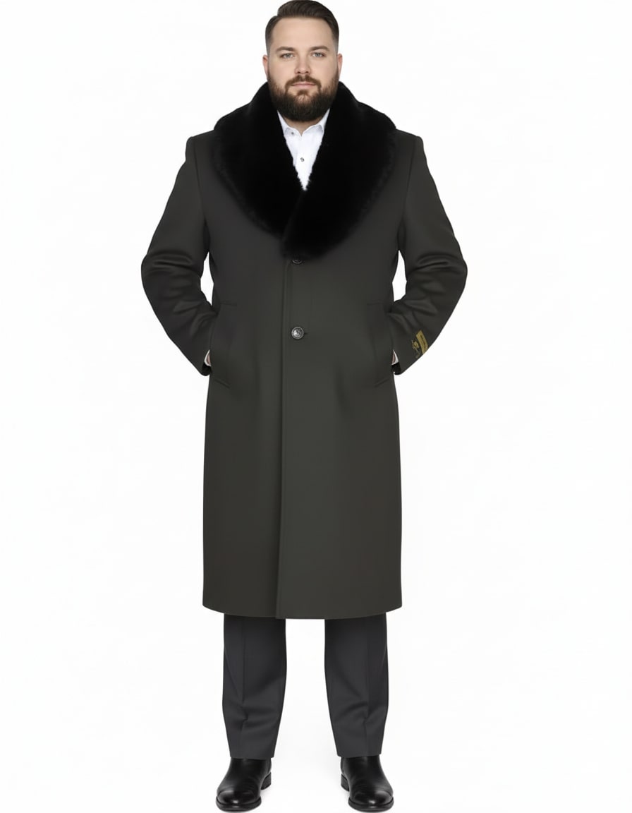 Mens Full Length Olive Overcoat with Black Fur Collar – Luxury Wool Fabric Winter Long Coat in Hunter Green - Coat Size 38