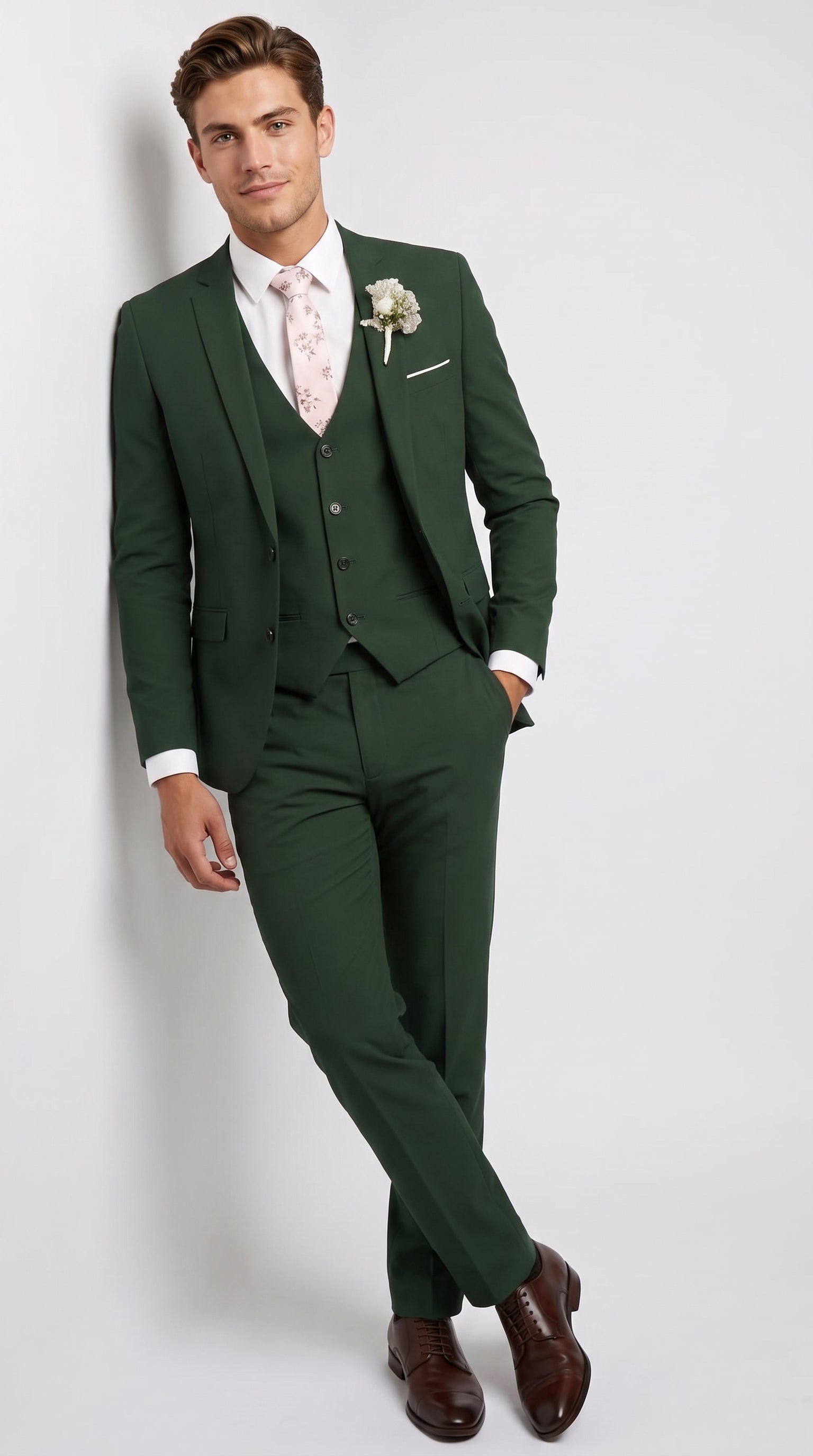 Men’s Forest Green 3 Piece Wedding Suit, Formal Groom Groomsmen Dress Suit Set