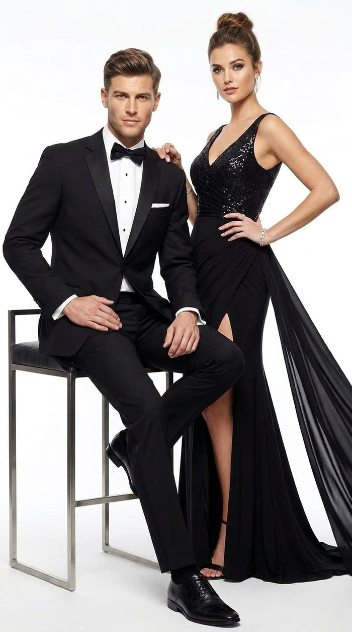 Men’s Black Uniform Tuxedo – One-Button Satin Lapel Formal Suit for Weddings, Prom and Events