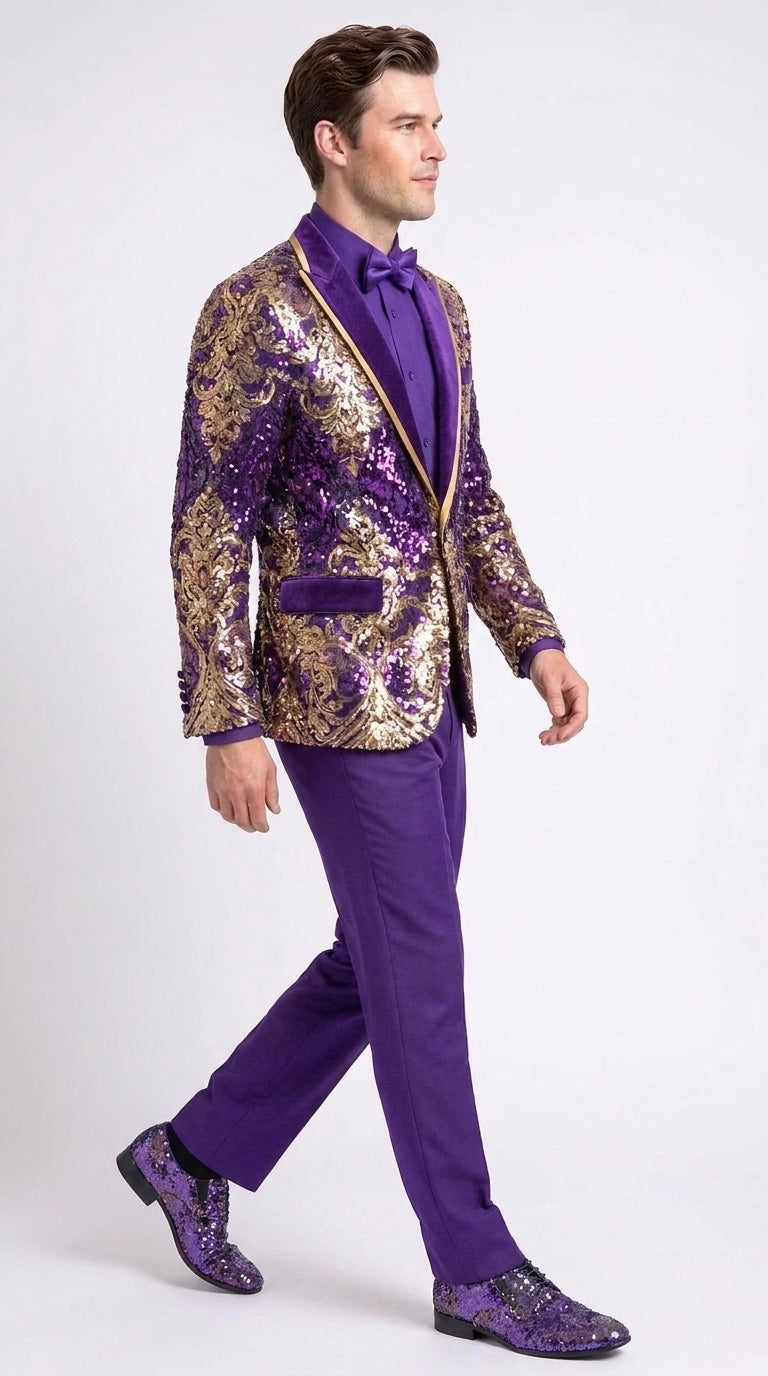 Men’s Purple and Gold Sequin Suit with Pants – Luxury Prom, Wedding and Party Blazer - 34 Short or Extra Small