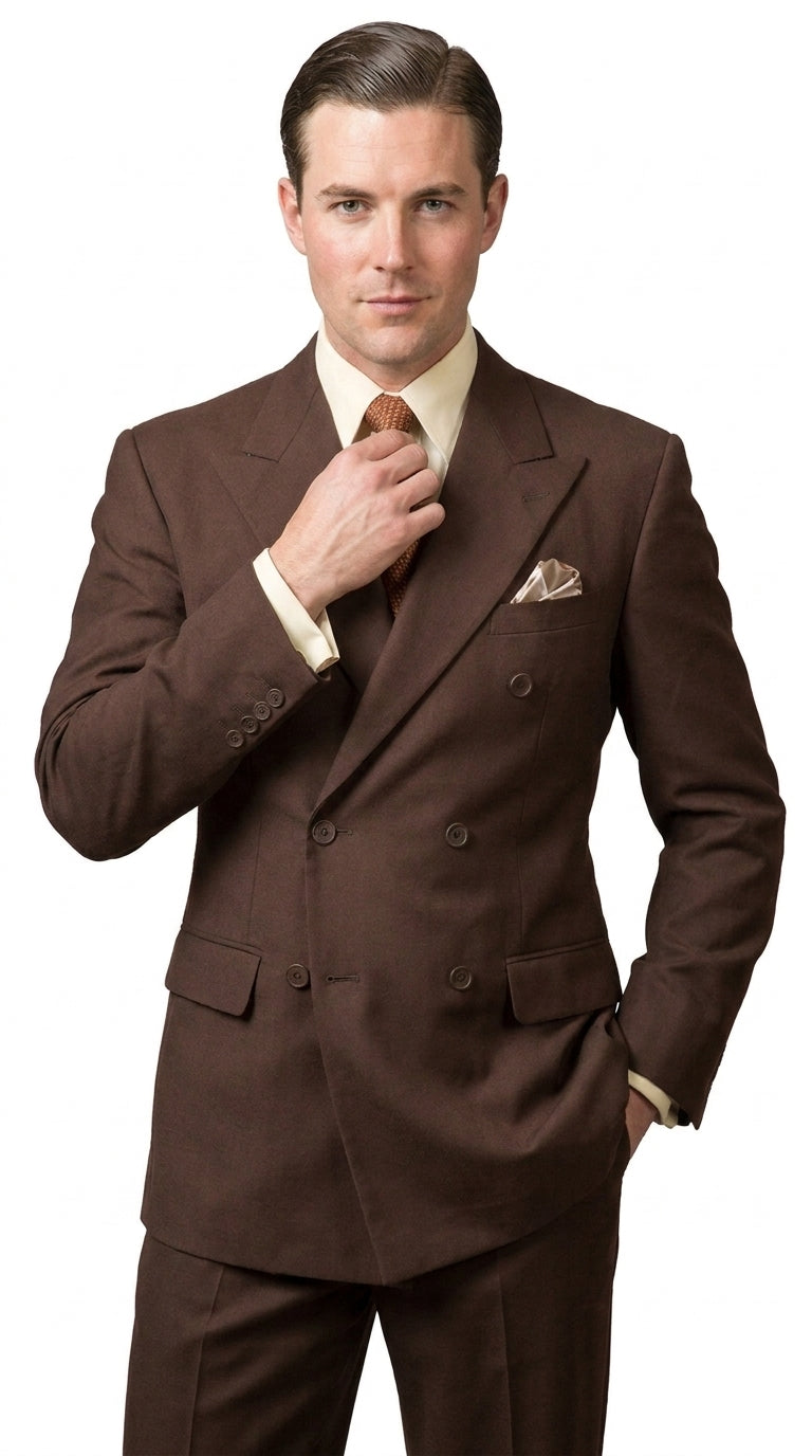 Men’s Brown Vintage Double Breasted Suit, Classic 1940s Style Formal Wedding Business Suit Set - 34 Short or Extra Small