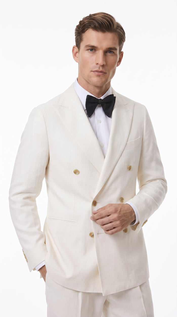 Men’s Ivory Double-Breasted Tuxedo – Gold Button Wedding, Prom and Formal Suit
