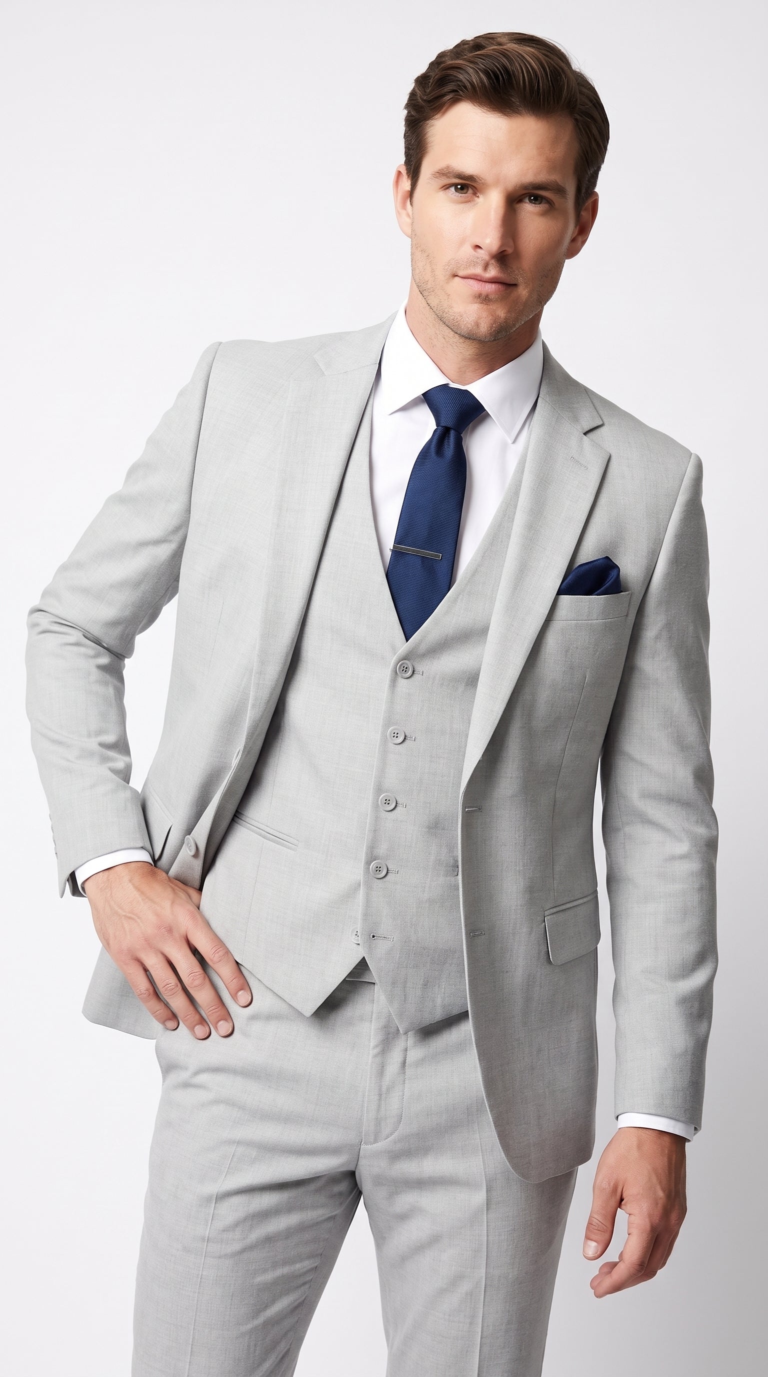 Men’s Silver & Navy Blue 3-Piece Suit – Wedding, Business and Formal Suit with Free Matching Tie - 34 Short or Extra Small