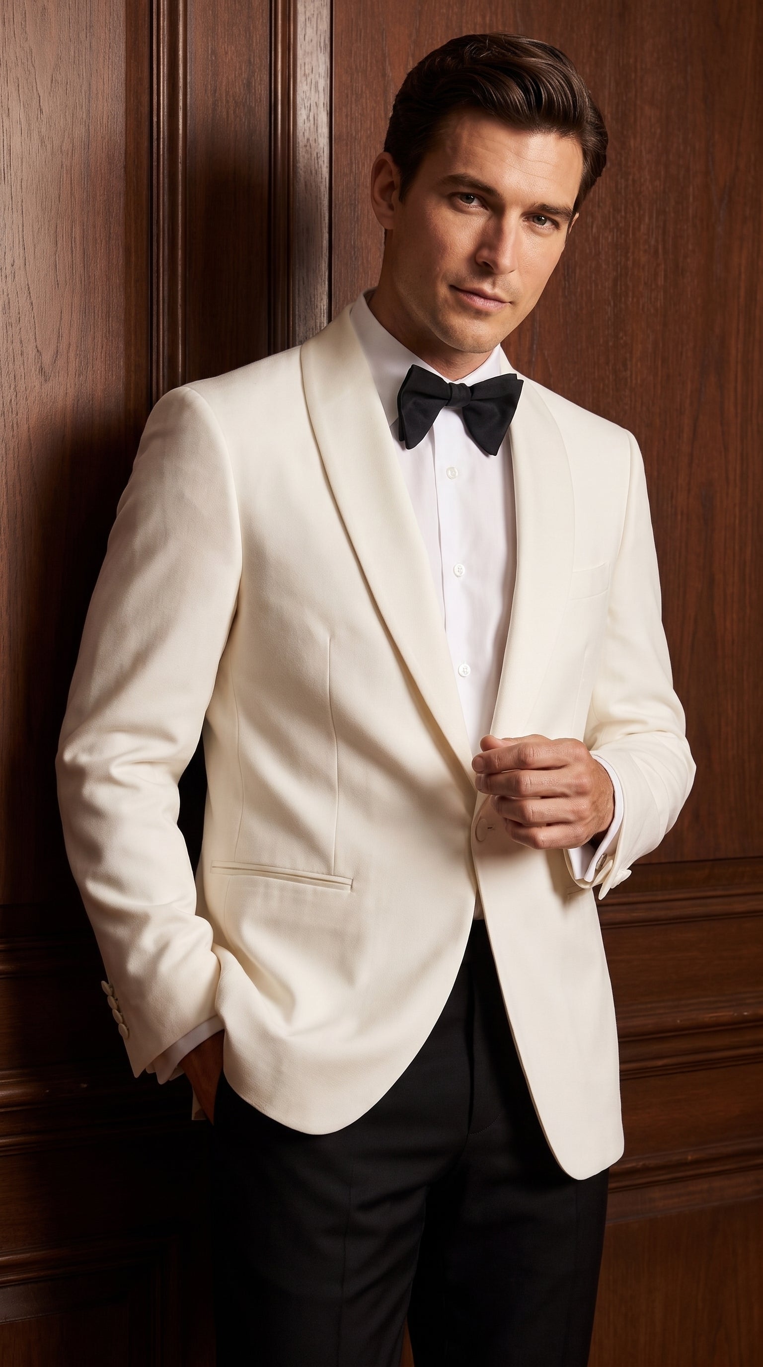 Men’s Vintage Hollywood Ivory Tuxedo – Black Shawl Lapel Wedding, Prom and Formal Dinner Jacket with Black Pants - 34 Short or Extra Small