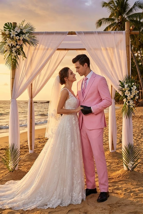 Mens Pink Two-Piece Suit Classic Fit Formal Jacket and Tailored Pants