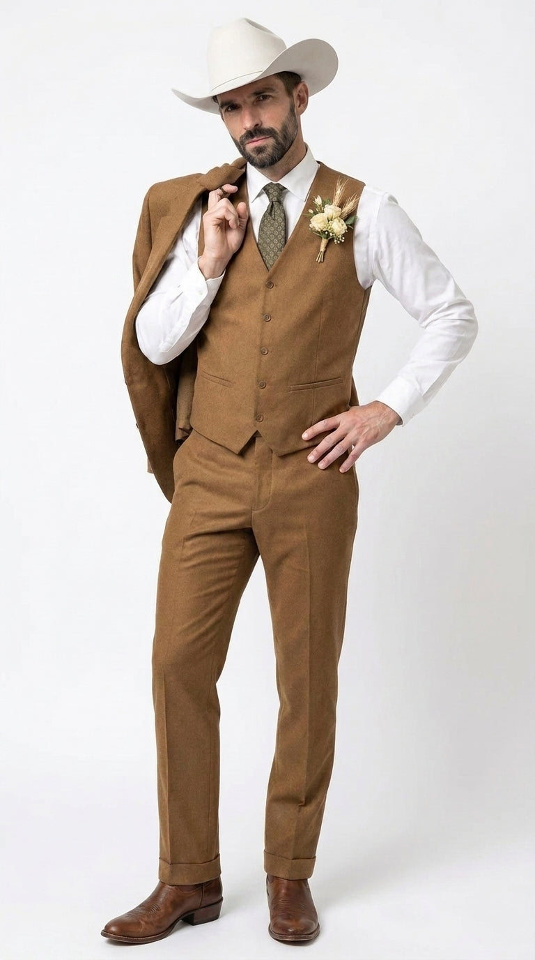 Men’s Tan Groom Outfit Country Wedding 3 Piece Suit Khaki Camel Color Modern Fit - 34 Short or Extra Small