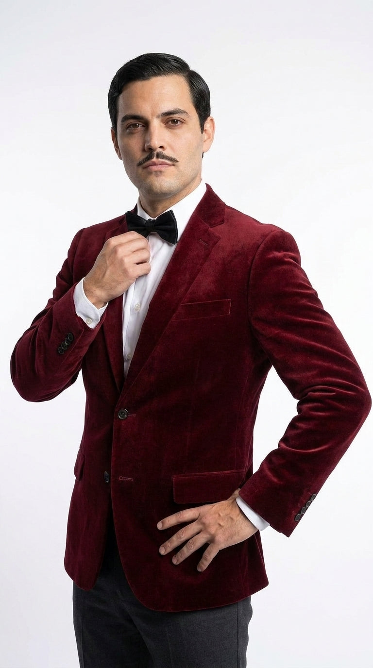 Men’s Gomez Addams Inspired Costume, Burgundy Velvet Blazer with Black Pants Formal Party Outfit Combo - 36 Short