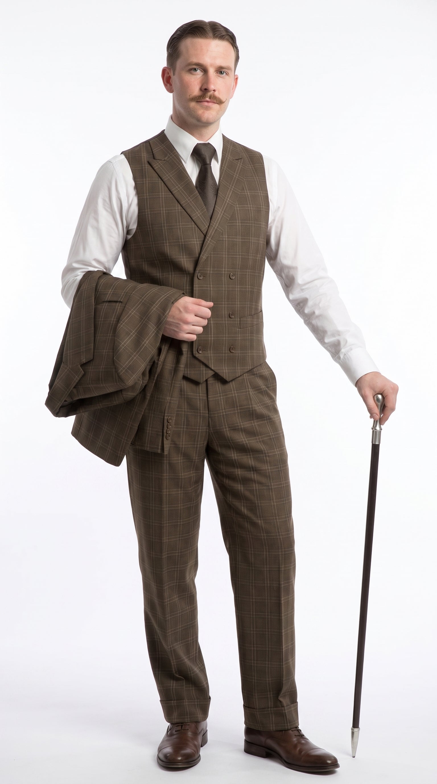Men’s Edwardian Brown Plaid 3-Piece Suit – Vintage Double-Breasted Vest Wedding and Formal Suit