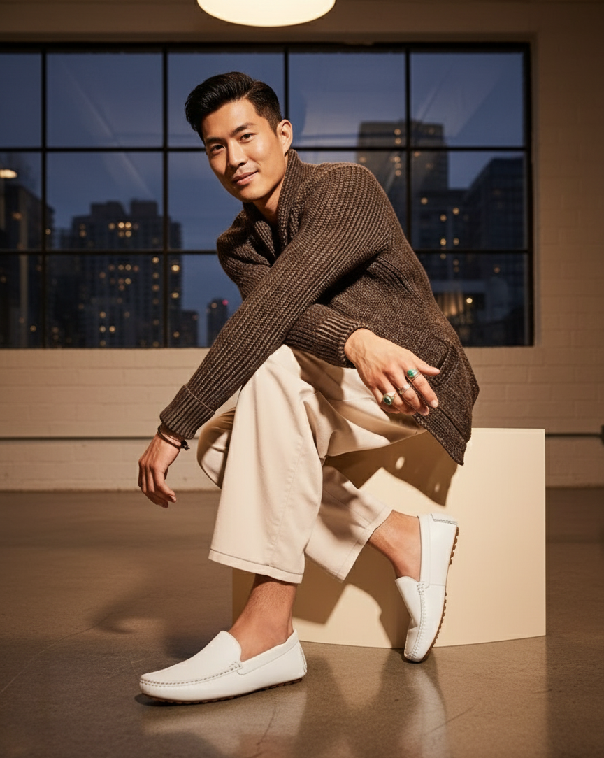 Men’s Mundo White Leather Loafers – Classic Slip-On Dress Shoes for Casual and Formal Wear - 43