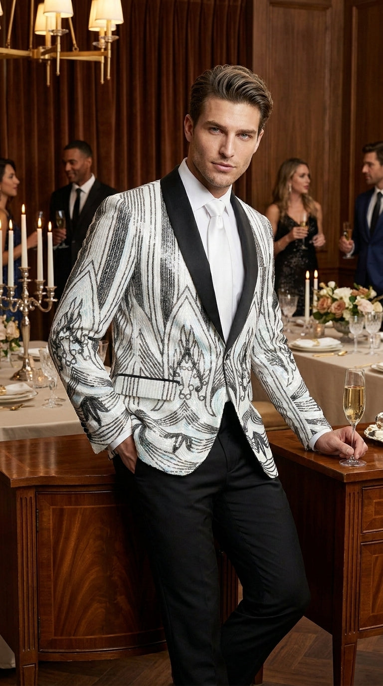 Men’s White and Black Patterned Tuxedo Blazer – Luxury Designer Dinner Jacket for Wedding, Prom and Formal Events New Year Christmas Holiday - 36 Short