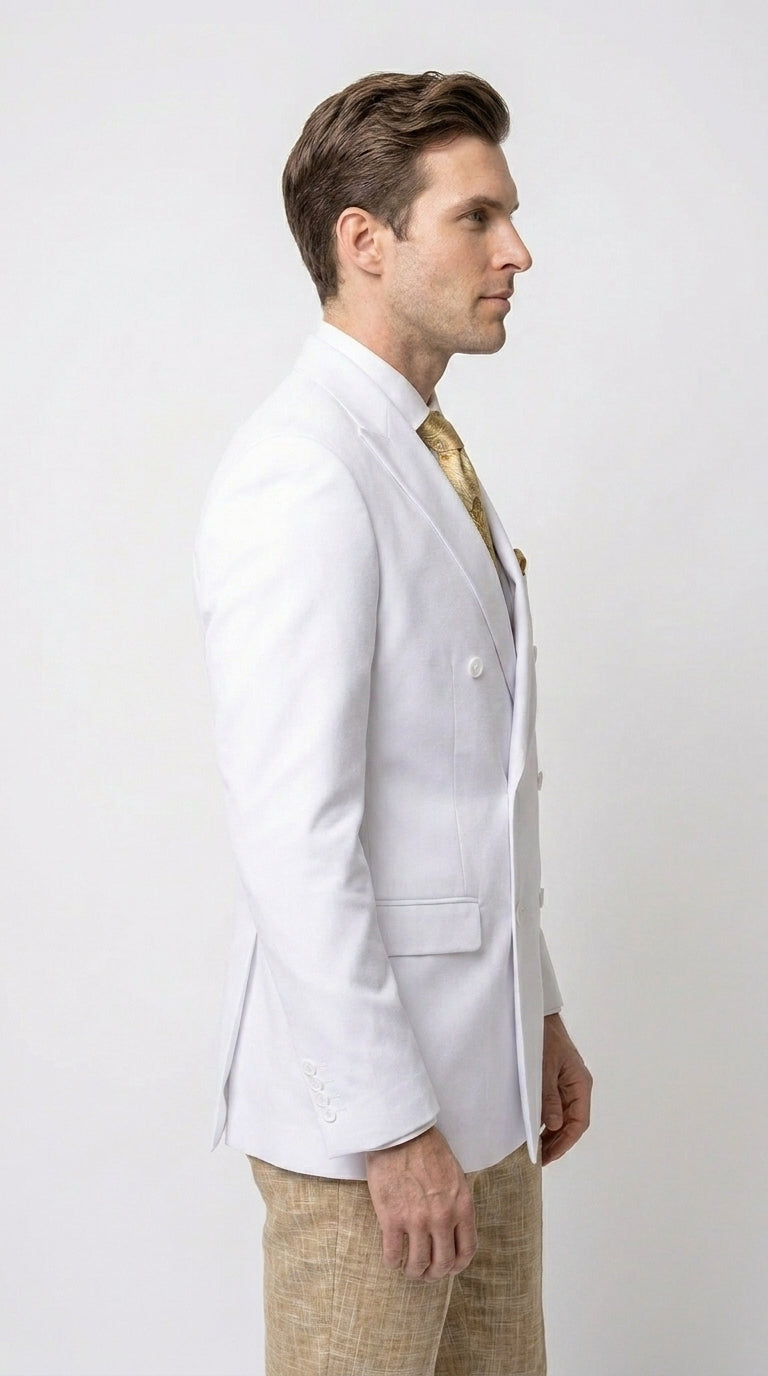 Men’s White Double Breasted Blazer, Formal Dress Jacket for Weddings, Prom, Parties, Dinner Events, and Special Occasions