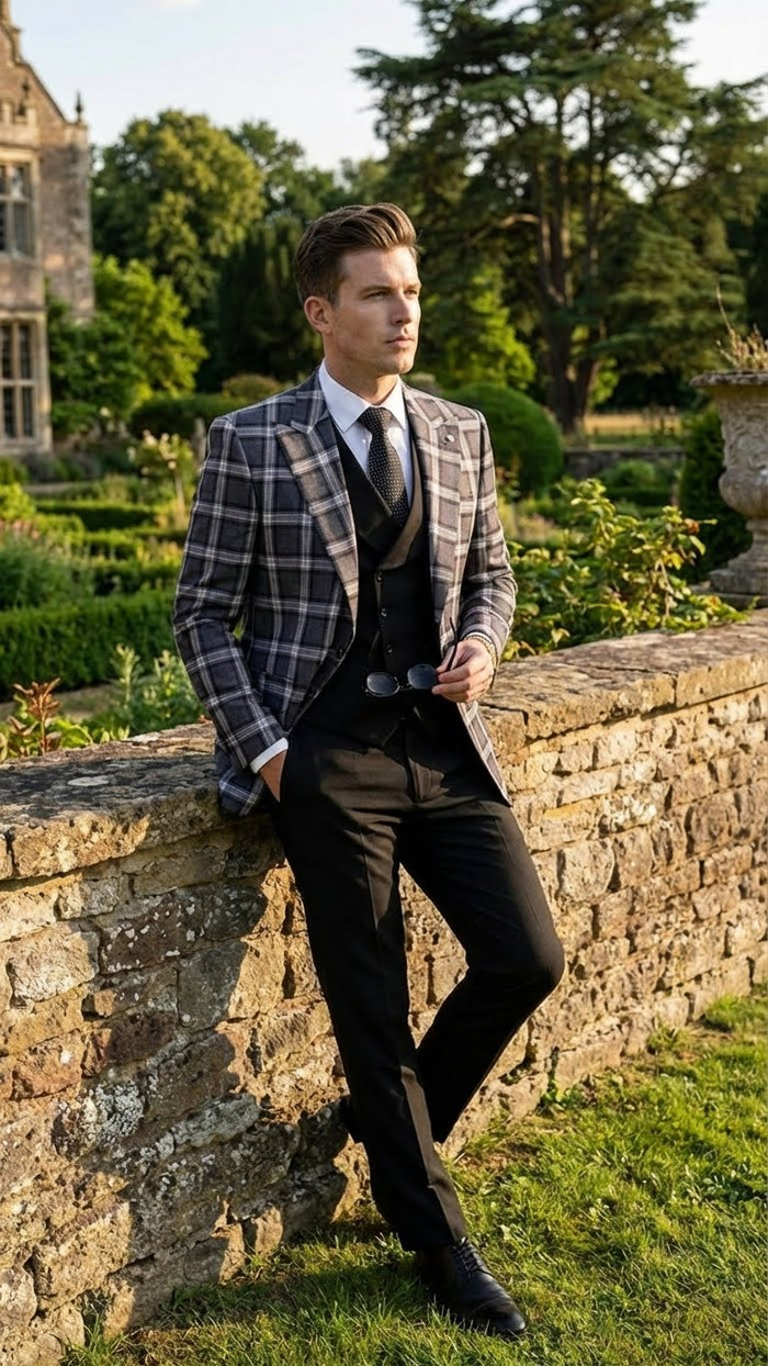 Mens Big and Tall Charcoal Gray and Black Plaid Blazer Grey Checker Windowpane Sport Coat