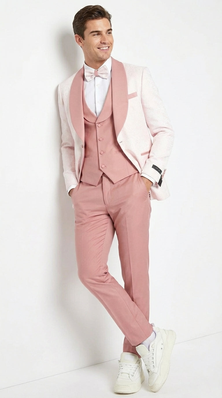 Men’s Cream and Rose Pink Prom Suit – Cream Tuxedo Jacket with Rose Pink Pants and Shawl Lapel Formal Suit for Prom and Wedding - 34 Short or Extra Small