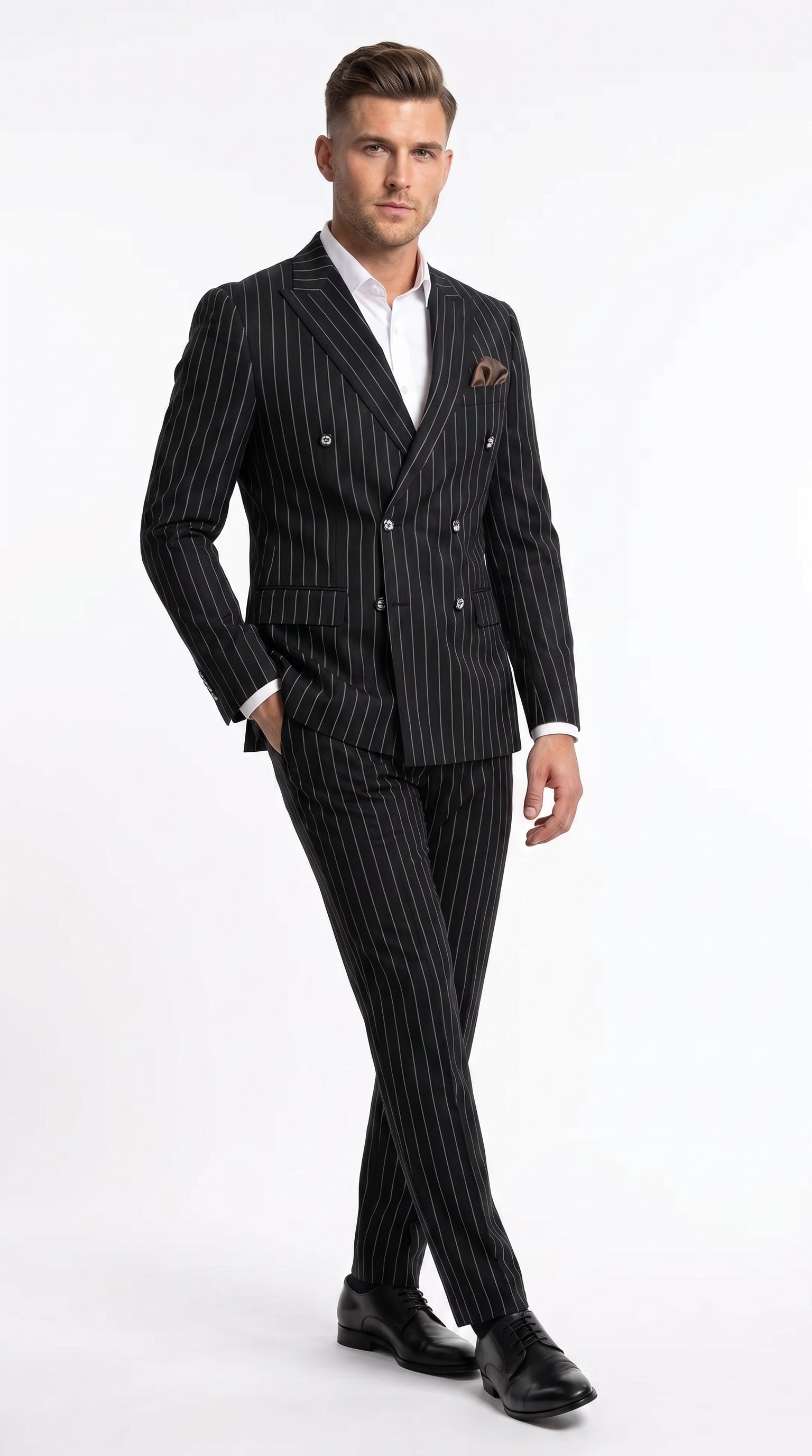 Men's Black Pinstripe Tuxedo Suit – Classic  & 1920s Gangster Formal Wear Vintage 1940s 1930s Look