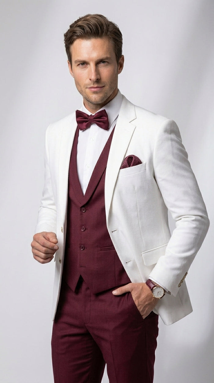 Men’s White and Burgundy 3 Piece Tuxedo Suit, Vested Formal Wedding Prom Dinner Suit Set bowtie included