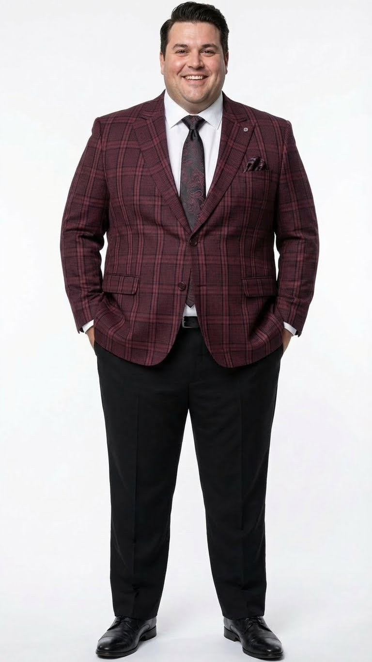 Menâ€™s Burgundy Check Blazer â€“ Windowpane Plaid blazer in Maroon Wine Color - 36 Short