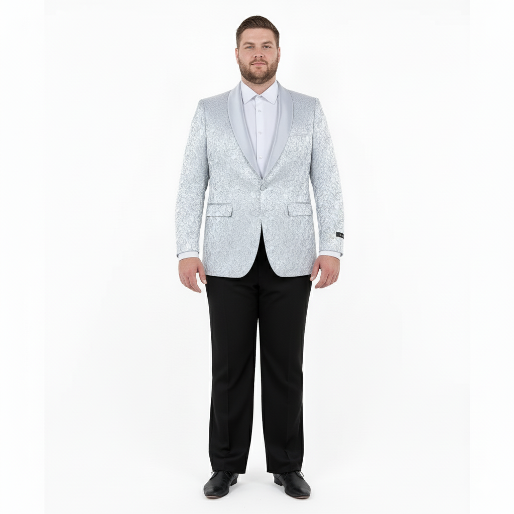 Big and Tall Men’s Silver Gray Paisley Tuxedo Jacket – Satin Shawl Lapel Blazer for Weddings, Proms, and Formal Events - 36 Short