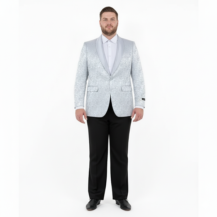 Big and Tall Mens Silver Gray Paisley Tuxedo Jacket Satin Shawl Lapel Blazer for Weddings, Proms, and Formal Events