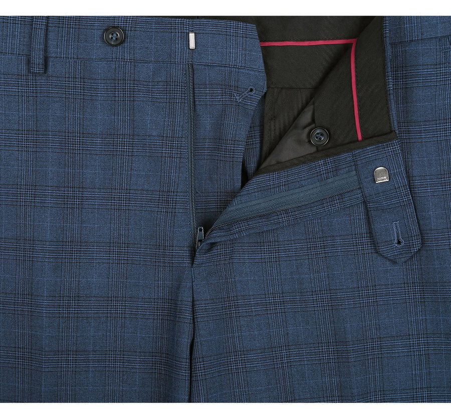 "Classic Fit Men's Two-Button Vested Suit - Navy Blue Windowpane Plaid"