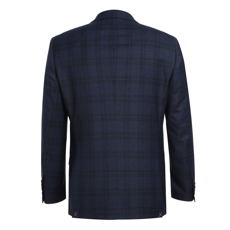 "Men's Slim Fit Two-Button Stretch Suit - Navy Blue Windowpane Plaid"