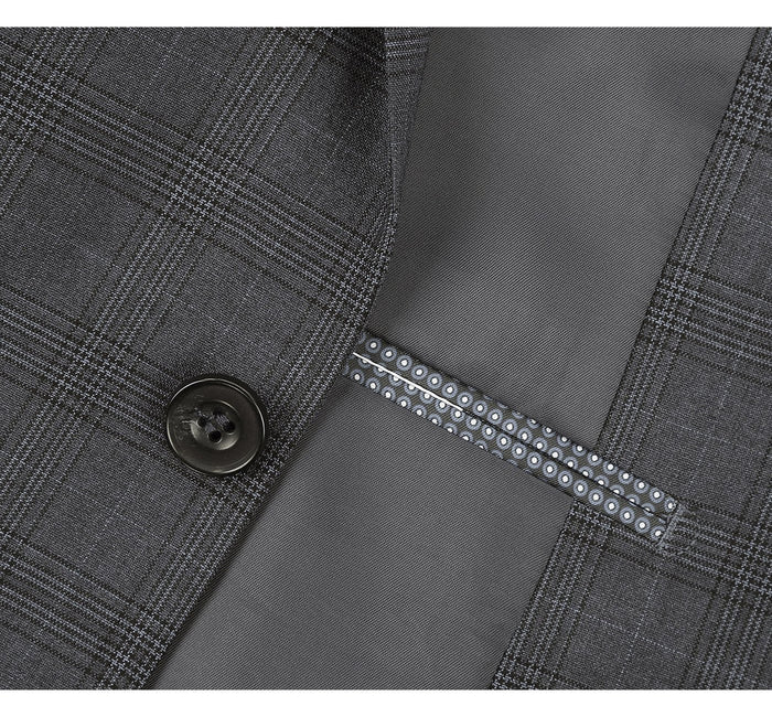 "Charcoal Grey Windowpane Plaid Men's Classic Fit Vested Suit - Two Button"