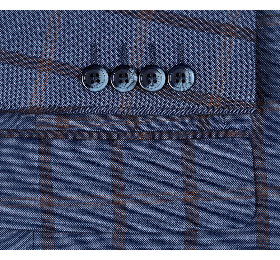 "Blue Windowpane Plaid Classic Fit Men's Suit - Two Button Stretch" - 64 Long