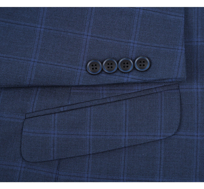 "Indigo Blue Windowpane Plaid Men's Slim Fit Two-Button Suit"