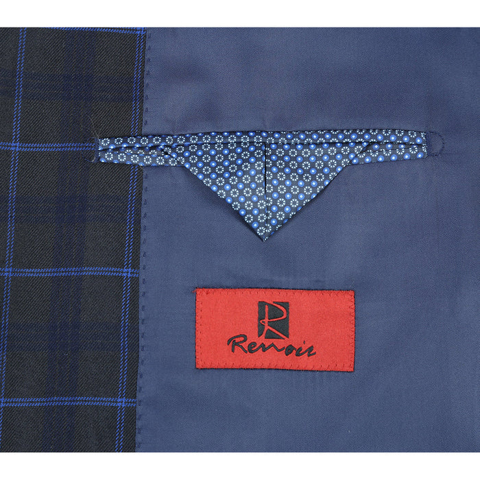 "Dark Blue Slim Fit Men's Suit - Two Button, Wide Windowpane Plaid"