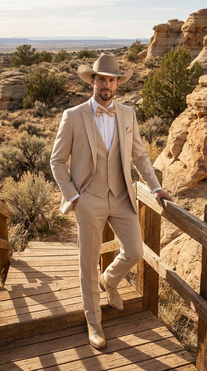 Mens Beige Tan Khaki CowboyTuxedo Suit Western Formal Three Piece Suit with Jacket Vest and Pants
