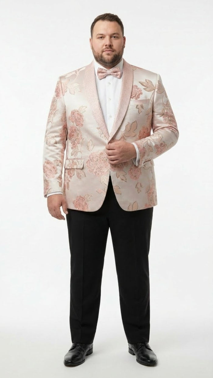 Mens Pink Blush Floral Jacquard Blazer with Embellished Shawl Lapel - Luxury Party and Wedding Wear Jacket