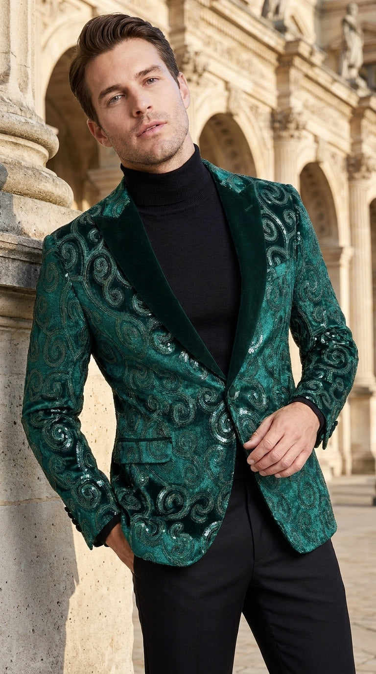 Men’s Emerald Green Paisley Dinner Jacket – Luxury Shawl Lapel Formal Blazer for Prom, Wedding & Tuxedo Events - 36 Short