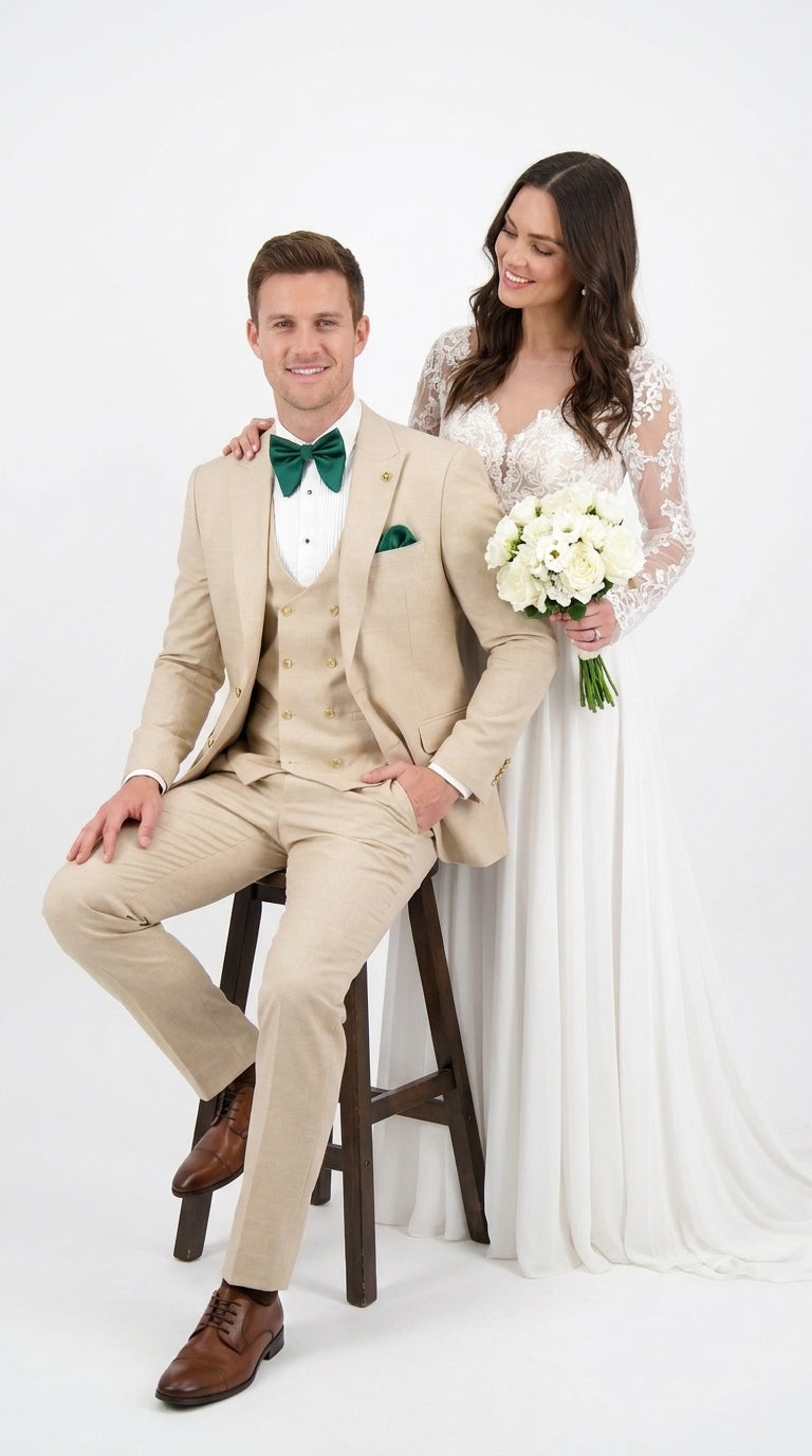 Men’s Khaki Tan 3-Piece Groomsmen Suit – Wedding Suit with Double-Breasted Vest and Pants Great Gatsby Style Gold buttons - 34 Short or Extra Small