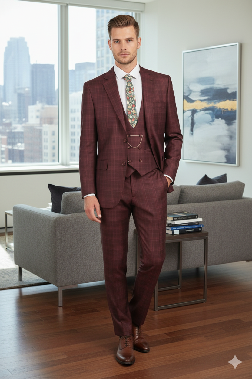 Men’s Burgundy Checkered 3-Piece Suit – Windowpane Classic Fit Plaid Blazer with Vest and Pants - 34 Short or Extra Small