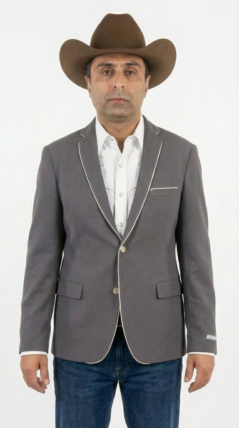 Mens Grey and White Trim Western Blazer – Classic Fit Cowboy Style Contrast Trim Dress Jacket - 34 Short