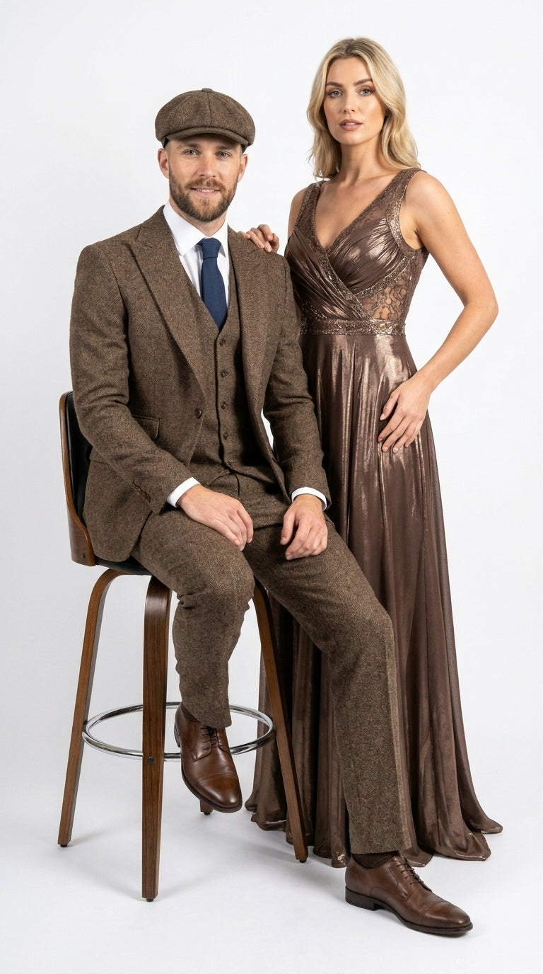 Peaky Blinder Men’s Brown Tweed 3-Piece Suit – Vintage Wedding, Business and Formal Suit with Matching Vest and Pants - 34 Short or Extra Small