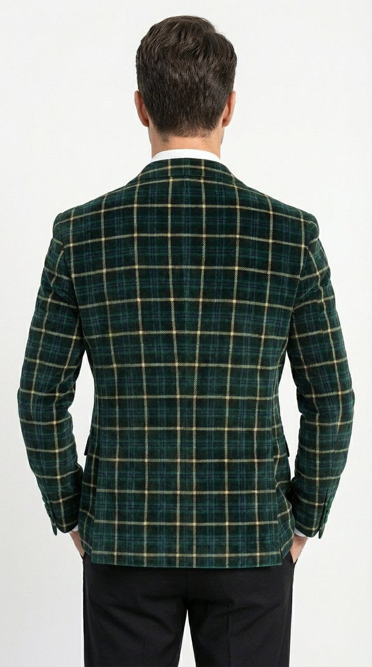 Mens Tartan Green and Gold Check Blazer – Windowpane Plaid Sport Coat Velvet Lapel Plaid Christmas Holiday New Year Jacket - 36 Short
