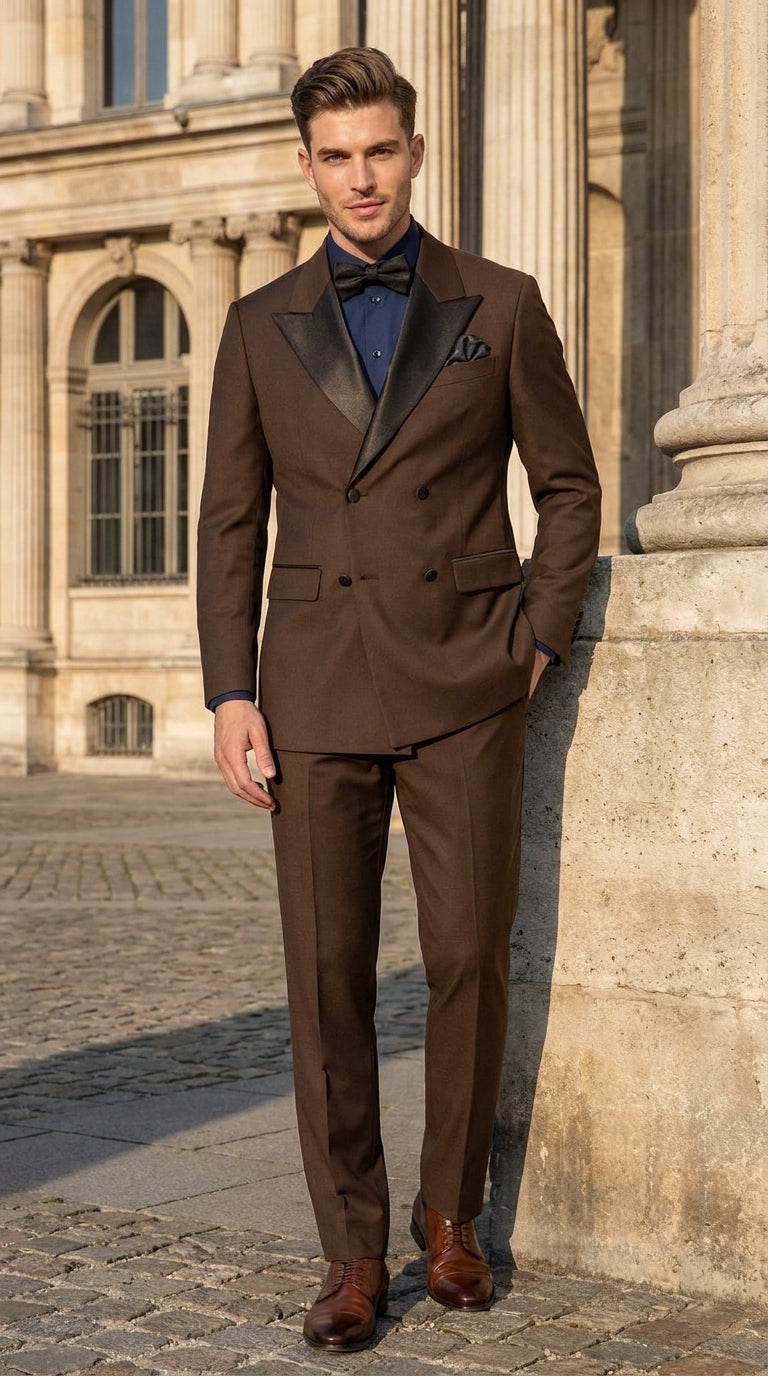 Men’s Brown Double Breasted Tuxedo – Satin Peak Lapel Formal Wedding & Prom Suit