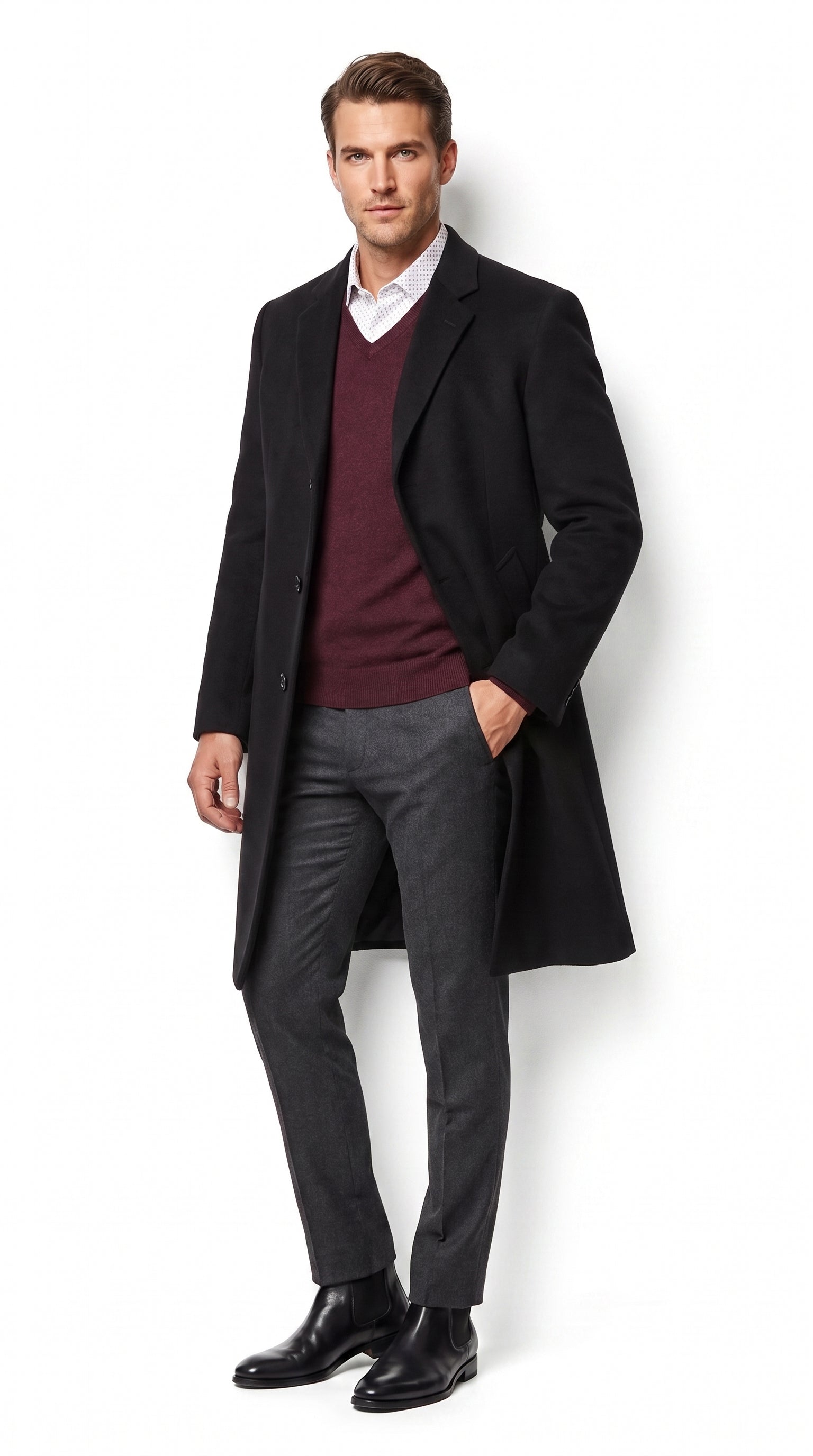 Men’s Big and Tall Black Cashmere Overcoat – Full-Length Winter Dress Coat for Business and Formal Wear - Coat Size 38