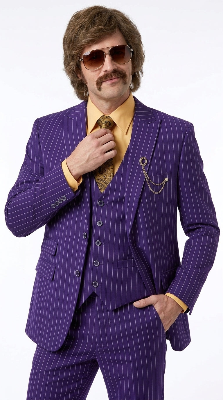 Men’s Purple Pinstripe 3-Piece Suit – 1970s Disco, Pimp, Retro Rockabilly and Party Suit - 34 Short or Extra Small
