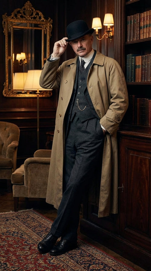 Men's Beige Cotton Trench Coat Suit Package – Classic Long Overcoat