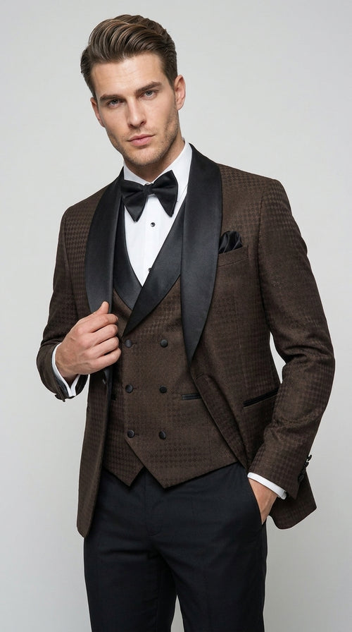 Men’s Chocolate Brown Tuxedo Suit – 3 Piece Shawl Lapel Wedding, Prom and Formal Dinner Tuxedo