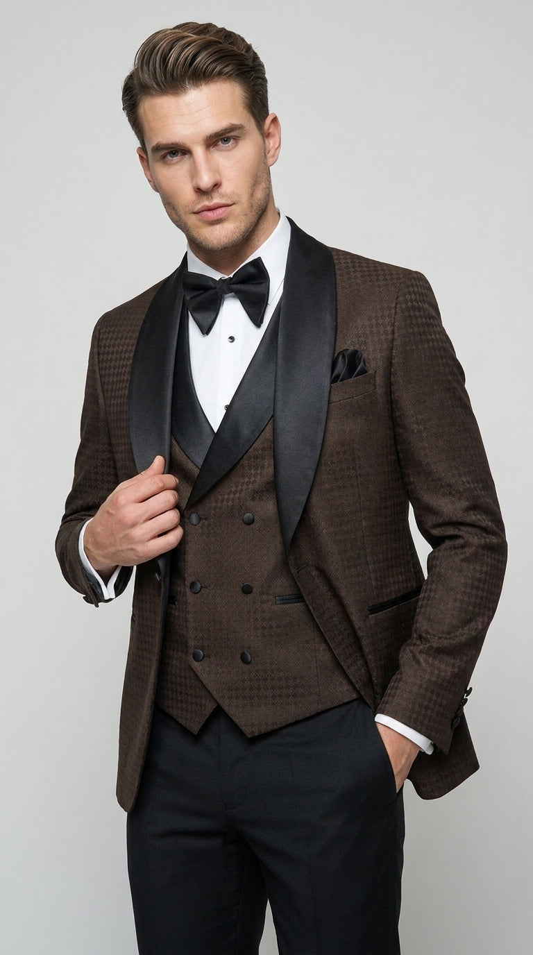Men’s Chocolate Brown Tuxedo Suit – 3 Piece Shawl Lapel Wedding, Prom and Formal Dinner Tuxedo