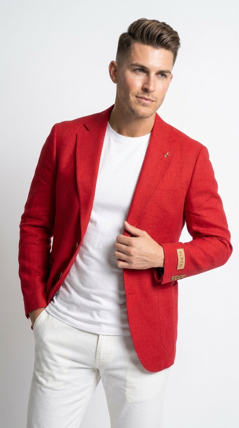 Men’s Red Linen Blazer – Two-Button Wedding, Business and Smart Casual Sport Coat - 36 Short