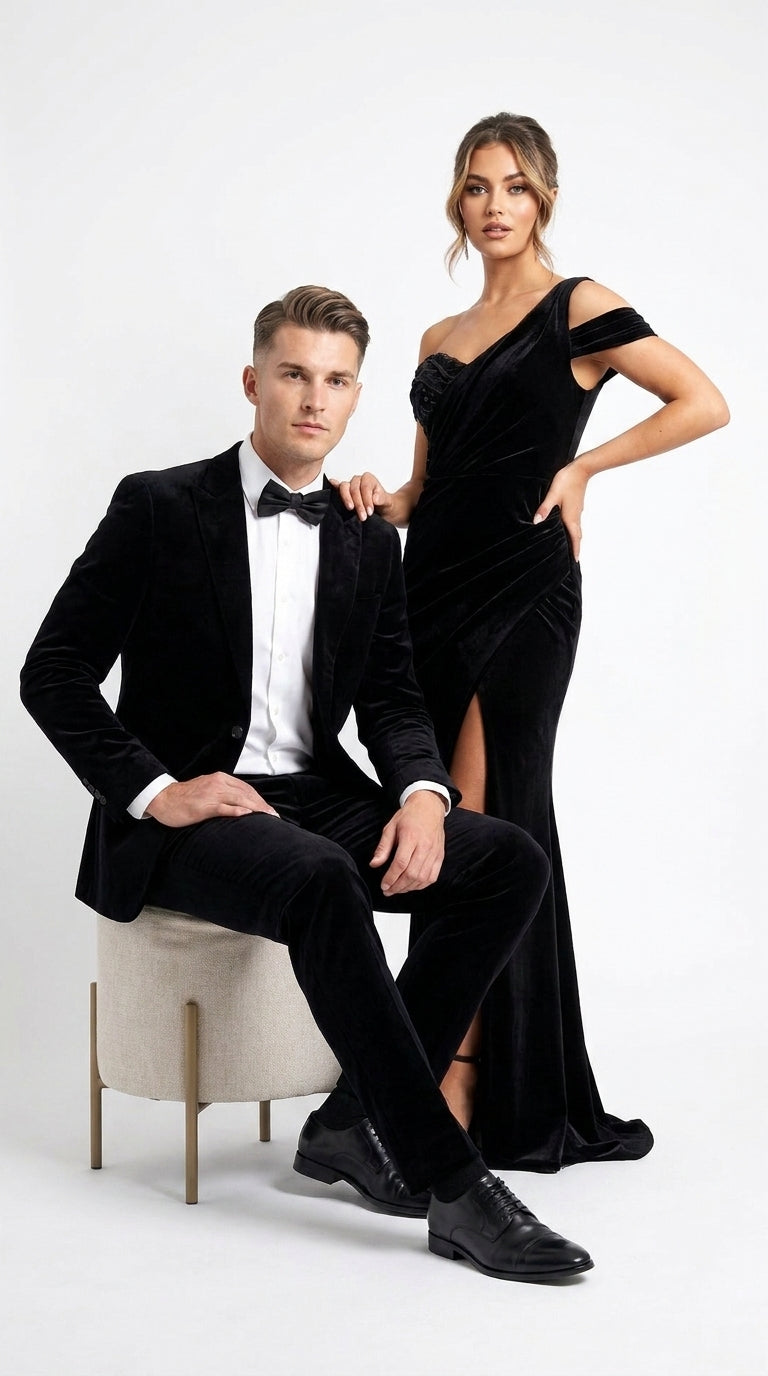 Men’s Black Velvet 2-Piece Suit – Notch Lapel Wedding, Prom and Formal Evening Suit - 34 Short or Extra Small