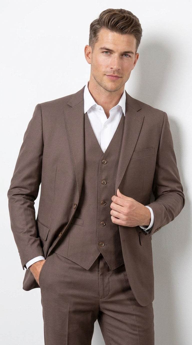 Men’s Zagarie Brand Light Brown Mocha 3-Piece Wool Suit – Modern Wedding, Business and Formal Suit with Pick Stitching - 34 Short or Extra Small