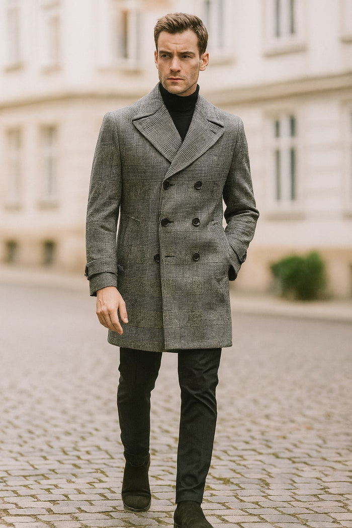 Mens Grey Plaid Double-Breasted Overcoat with Black Faux Fur Collar Classic Winter Peacoat