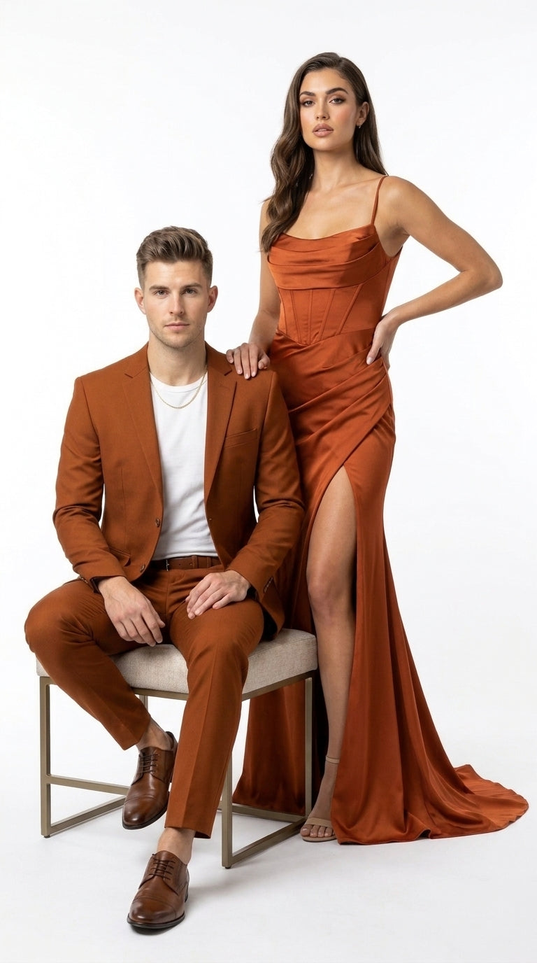 Men’s Burnt Orange Modern Fit Suit – Slim Fit Wedding, Prom and Formal 2-Piece Suit Copper Brick Color - 34 Short or Extra Small