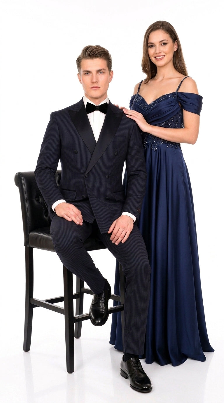 Men’s Navy Blue Double-Breasted Tuxedo – Tone-on-Tone Shadow Pinstripe Formal Wedding and Prom Suit - 34 Short or Extra Small